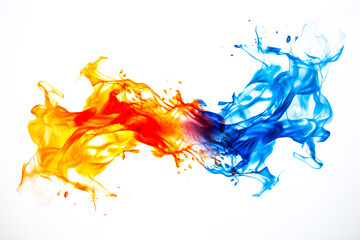 Collision between orange flame and blue flame on white background.