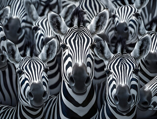 multiple zebra face only packed together and straight look the same way