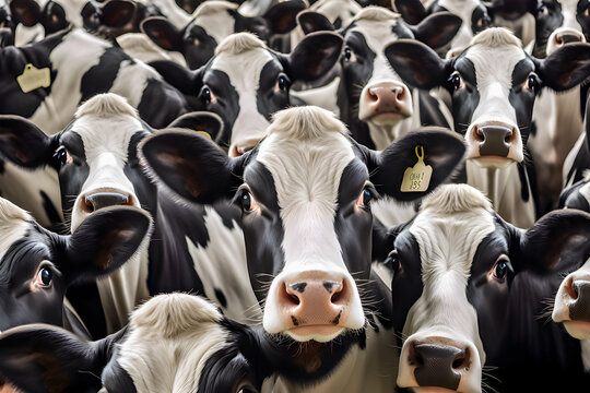 multiple cows face only packed together and straight look the same way