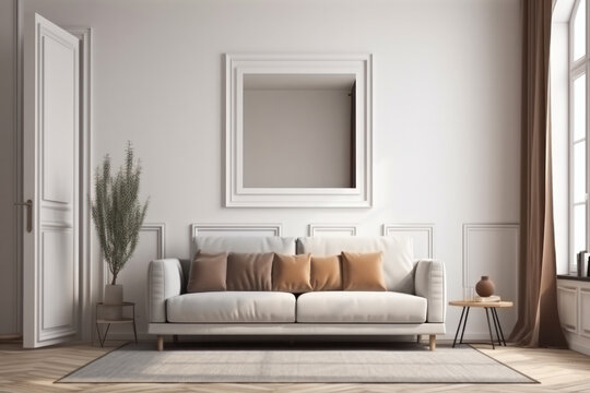 Cleanliness and simplicity define this modern living room with a comfortable white couch, neutral decor, and natural light streaming through the window. AI Generative.