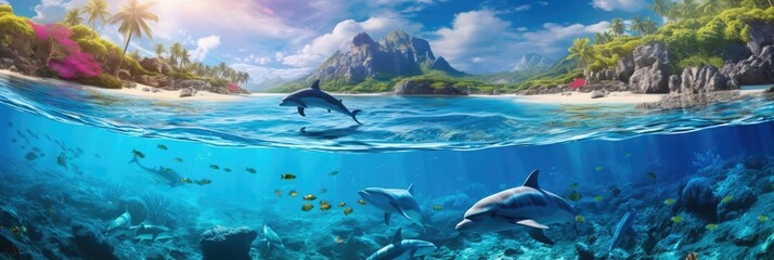 Fototapeta na wymiar underwater and surface world. dolphins against the backdrop of a vibrant coral reef teeming with marine biodiversity, with an island paradise on the surface. 
