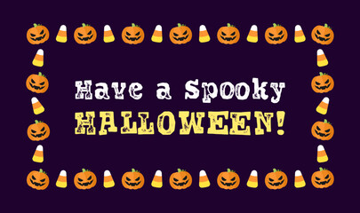 Cute Rectangle Halloween frame border design with jack o lantern, pumpkins, candy corn. Social media banner template vector illustration.