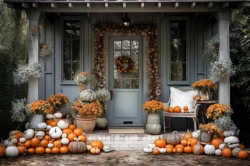Abwaschbare Fototapete Alte Türen Porch of an old house decorated with pumpkins. autumn halloween thanksgiving day. Generative AI