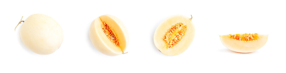 Fresh Honeydew melon fruit and sliced isolated on white background, Ripe honeydew melon