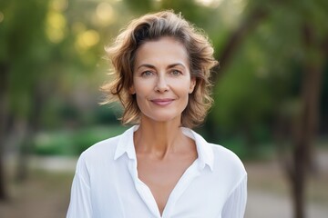 a mature, happy woman outdoors against a blurred green park background