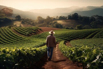 man with hat walking through a coffee field at sunrise - obrazy, fototapety, plakaty