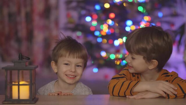 Two little kids near a lantern wait for Santa Claus in front of Christmas tree
