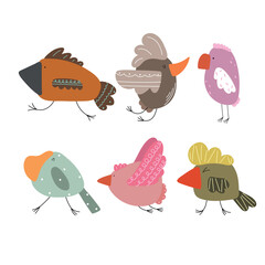 Set birds. Cute six birds on white background. Vector illustration.