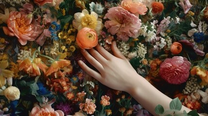 Female hands in flowers, skin care concept