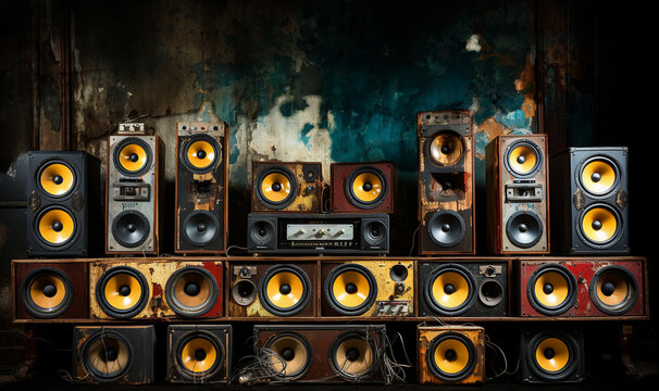 Vintage Music Sound Speaker Wall.Retro Old School Design Ghetto Blaster Stereo Radio Cassette Tape Recorders Boombox Tower From Circa 1980s Front Concrete Wall Background. Vintage Instagram Style 