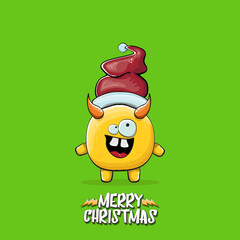 Vector cartoon funky orange monster with Santa Claus red hat isolated on green christmas background. Childrens Merry Christmas greeting card with funny monster minion elf Santa Claus.