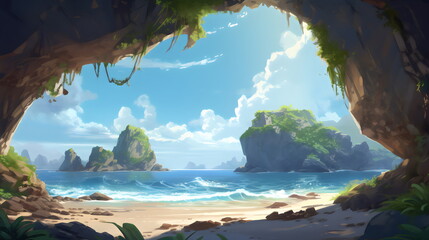 Naklejka premium beach from inside cave looking at water landscape, game concept art style illustration