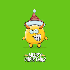 Vector cartoon funky orange monster with Santa Claus red hat isolated on green christmas background. Childrens Merry Christmas greeting card with funny monster minion elf Santa Claus.