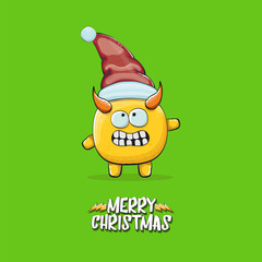 Vector cartoon funky orange monster with Santa Claus red hat isolated on green christmas background. Childrens Merry Christmas greeting card with funny monster minion elf Santa Claus.