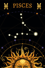 Tarot card. zodiac card with Pisces symbol. Horoscope and card magic