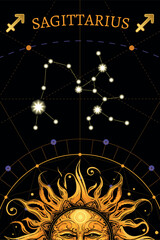 Tarot card. zodiac card with Sagittarius symbol. Horoscope and card magic