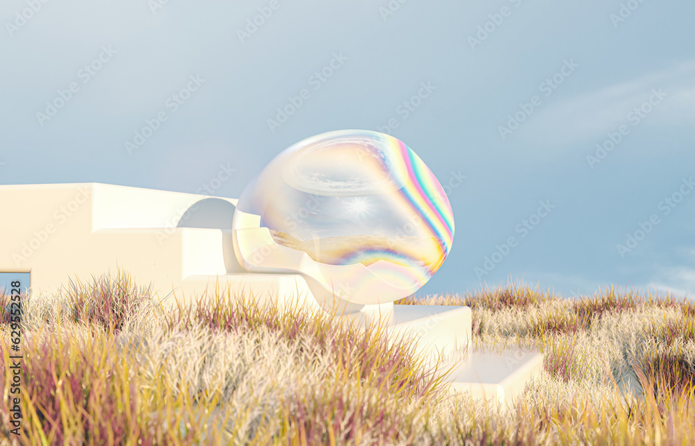 Fototapete Abstract autumn landscape scene with a podium for product display. 3d rendering