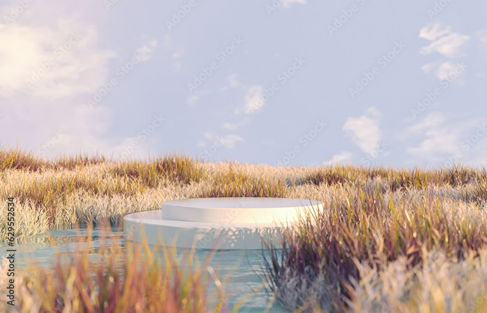 Aufkleber Abstract autumn landscape scene with a podium for product display. 3d rendering