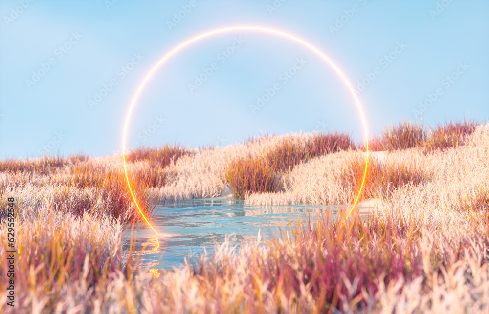 Leinwandbilder abstract autumn landscape scene with a podium for product display. 3d rendering