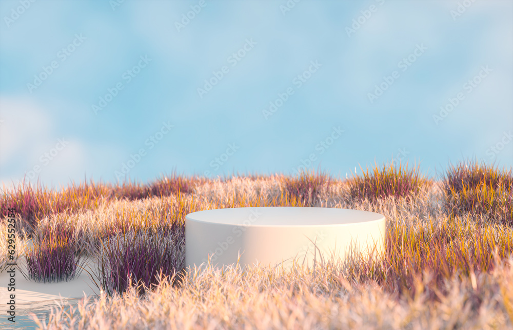 Aufkleber abstract autumn landscape scene with a podium for product display. 3d rendering