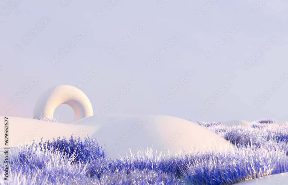 Leinwandbilder Abstract winter landscape scene with a podium for product display. 3d rendering