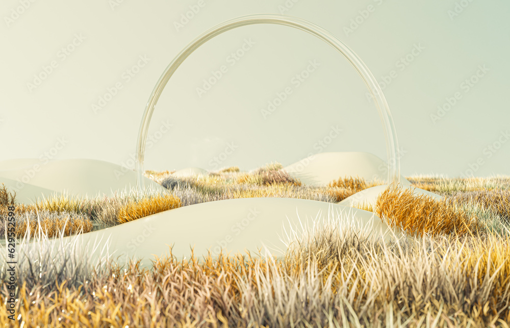 Aufkleber Abstract autumn landscape scene with a podium for product display. 3d rendering