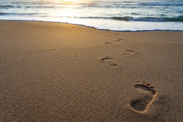 Fototapeta na wymiar Footprints on the sand of a beach at sunset