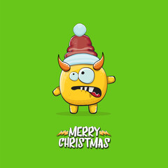 Vector cartoon funky orange monster with Santa Claus red hat isolated on green christmas background. Childrens Merry Christmas greeting card with funny monster minion elf Santa Claus.
