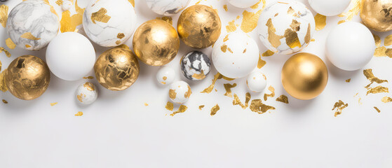 White marble abstract texture with golden shimmer, spheres, particles, confetti, splashes.Trendi background, cover. Generative ai