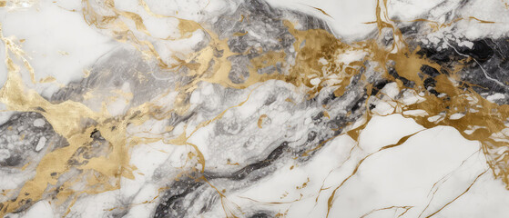 Marble abstract texture with golden shimmer, splashes. Trendi background, cover. Generative ai