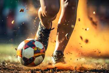 Soccer player with ball in foots close up photo ai generated art