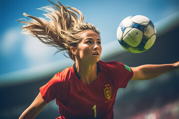 Blonde woman footballer with a red football tshirt with a ball ai generated art
