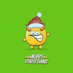 Vector cartoon funky orange monster with Santa Claus red hat isolated on green christmas background. Childrens Merry Christmas greeting card with funny monster minion elf Santa Claus.