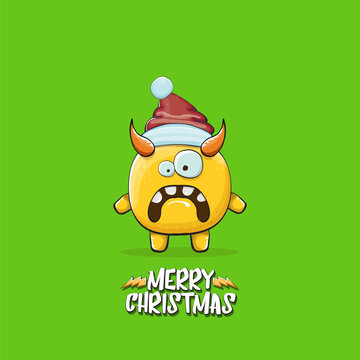 Vector cartoon funky orange monster with Santa Claus red hat isolated on green christmas background. Childrens Merry Christmas greeting card with funny monster minion elf Santa Claus.