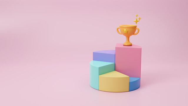3D illustration of trophy placed on top of pie graph, Business success concept, strategy and plan to growing and achieve target or goal, winner, success, growth up and win. 3d rendering illustration
