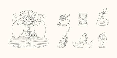 Magic and fortune telling set. Cartoon illustrations of a beautiful witch reading a spell book with her black cat and a collection of magic accessories. Vector 10 EPS.
 - obrazy, fototapety, plakaty