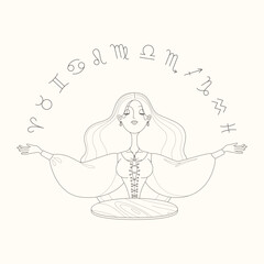 Fortune teller female character. Cartoon illustration of a beautiful girl with raising hands telling the future by seeing zodiac signs. Astrology or magic concept. Vector 10 EPS.