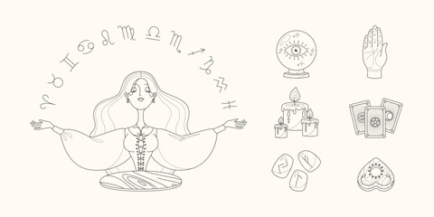 Magic and fortune telling set. Cartoon illustration of a beautiful girl with raising hands telling the future by seeing zodiac signs and a collection of magic accessories. Vector 10 EPS.