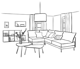 Line sketch of the interior living room.