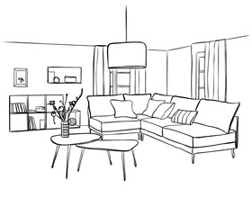 Line sketch of the interior living room.