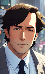 Handsome anime boy in anime style. Anime businessman working in office, manga, japanese cartoon. Anime character illustration. Anime style wallpaper. Generated Ai.