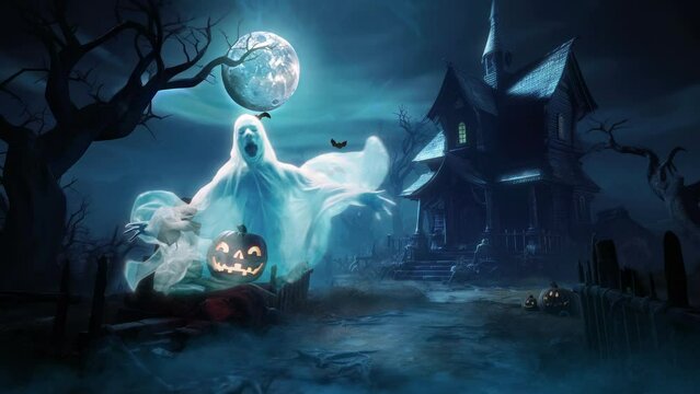 Halloween haunted house with bats, ghost and pumpkins under full moon cinematic loop video animation