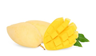 Fresh ripe mango white leaves isolated on white background.