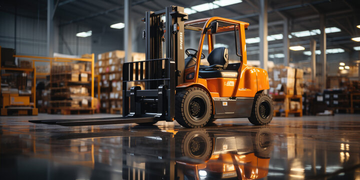 modern forklift, warehouse in the background