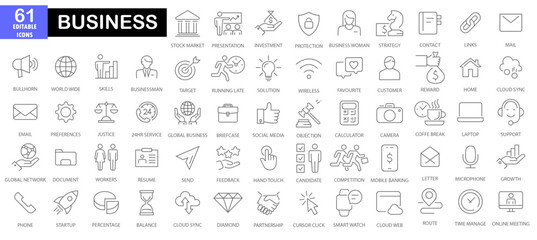 Obraz na płótnie Canvas Business thin line icons set editable stroke Business people, human resources, office management thin line icons Office Finance Marketing Simple vector illustration Icons of Business and Finance.