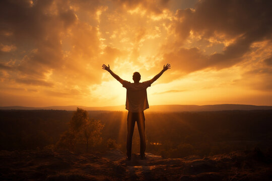 Graceful Sunset Prayers, Young Man Embracing Freedom