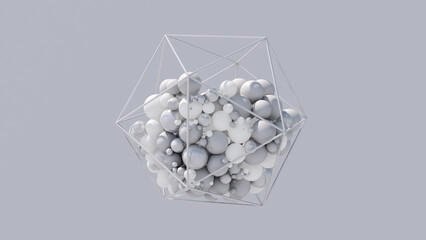 White and gray balls inside metallic polyhedron. Abstract illustration, 3d render.