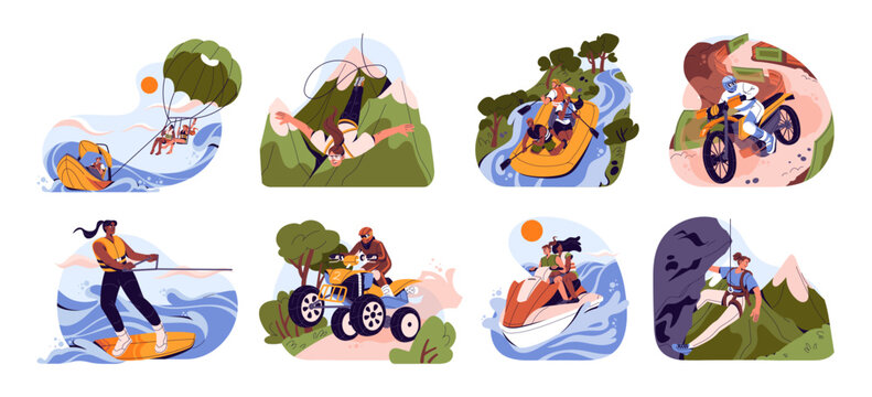 Extreme vacation set. Different people like adrenaline summer sport, action hobby. Persons do enduro, climbing, jumping, surfing, activity on sea, mountain. Flat isolated vector illustration on white