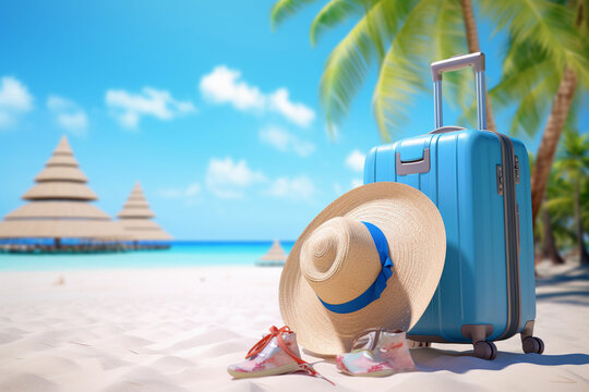 Blue luggage with sun hat on the beach on summer vacation, world tourism day, Generative ai