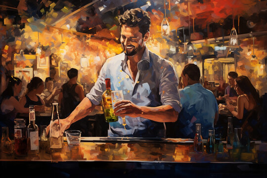 Craft from behind an artistic bokeh-inspired painting of a bartender expertly pouring a beer, surrounded by patrons enjoying the vibrant atmosphere of the bustling bar. Generative AI